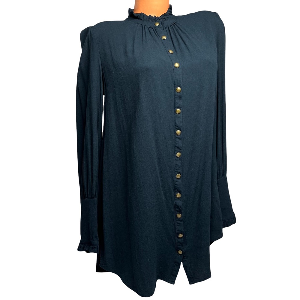 Free People Womens Navy Blue Gold Brass Button Down Long Sleeve Mini Shirt Dress